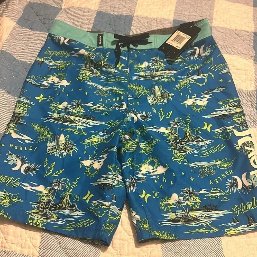 NWT Hurley Boys Doodle Tropical Isle Logo Board Shorts Neptune blue
